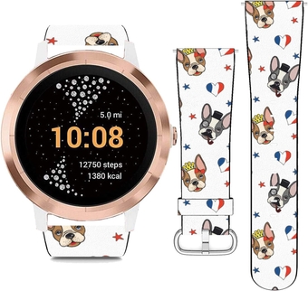 (French Bulldog, Stars and Love Heart) Patterned Replacement Leather Wristband Strap Compatible with Garmin Vivoactive 3 / Vivoactive 3 Music/Vivomove