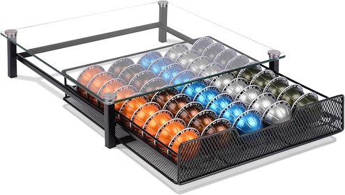 Tempered Glass Top Nespresso Pod Holder, Coffee Pod Holder Compatible with 50 Small Vertuo Capsules, 30 K-Cup Pods, Large Capacity Coffee Pod Storage Suitable for Kitchen or Office Counter