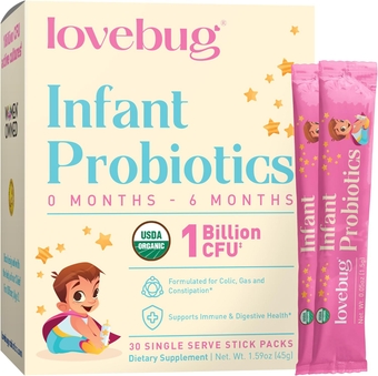 Lovebug Award Winning USDA Organic Probiotic for Infants | Ages 0-6 Months | Helps with Colic, Reflux, Diarrhea, Constipation & Gas | Tasteless Powder | Sugar Free | Allergen-Free, Non-GMO & Vegan