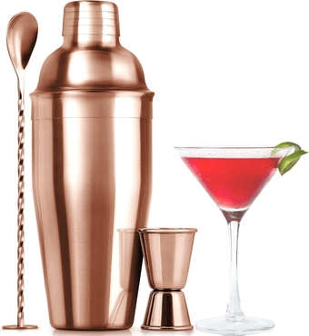 Cocktail Shaker Set - Stainless Steel Mixed Drink Shaker - Martini Shaker Set with Build in Strainer, Double Sided Jigger & Muddler Combo Mixing Spoon - Pro Margarita Shaker - Large 24oz