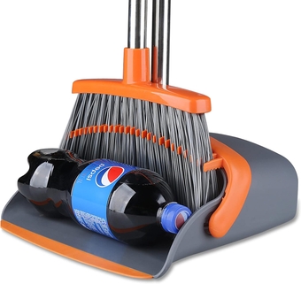 Heavy Duty Broom and Dustpan Set - 55" Long Handle, 5 Layers of Broom Bristles, Ergonomic Design Broom for Indoor Outdoor Garage Kitchen Room Office Lobby Use (Gray and Orange)