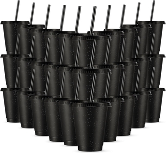 30 Pieces Reusable Cups with Lids and Straws 16 oz Glitter Iced Coffee Tumbler Plastic Travel Mug Cup for Smoothie Juices Parties Birthdays, Flamingo Party Bachelor Party (Black)