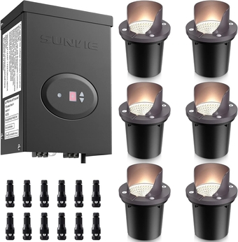 6 Pack Low Voltage Landscape Lights with Transformer Outdoor In Ground Lights Shielded LED Well Lights 200W Landscape Lighting Transformer with Timer and Photocell Sensor 120V to 12V ETL Listed