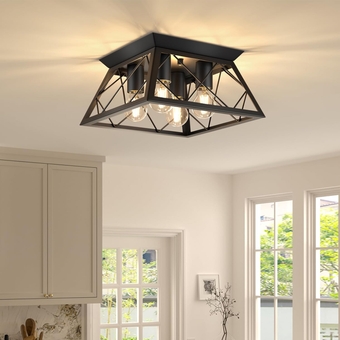 4-Light Kitchen Light Fixtures Ceiling Mount, Farmhouse Black Flush Mount Ceiling Light, Industrial Square Ceiling Light Fixture for Dining Room Living Room Bedroom
