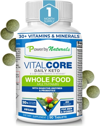 Vital Core Daily Keto Vitamins - Whole-Food Keto Multivitamin for Women & Men | Supports Energy, Tiredness, and Keto Flu | with Digestive Enzyme & Probiotics | 90 Tablets