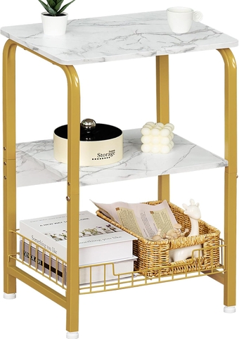 White and Gold Side Table,3-Tier Small End Table with Storage Basket,Modern Nightstand with Metal Frame and Marble Grain, Bedside Tables for Bedroom, Living Room,Sofa Tables for Small Spaces