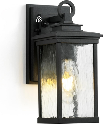 12'' Dusk to Dawn Outdoor Wall Light Aluminum Black Wall Light Fixture Exterior Porch Light Wall Mount 1 Pack Outside Coach Lights Wall Lighting Frontdoor Porch Wall Lantern with Water Glass