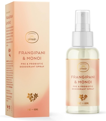Natural Prebiotic & Probiotic Deodorant Spray, Baking Soda & Aluminum Free Safe for Sensitive Skin, 24 Hour Odor Protection, 2 Fl Oz, Frangiapani and Monoi