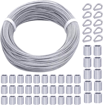82FT 1/16" Stainless Steel Cable 7x7 Steel Wire Rope Construction with Wire Rope Crimping Loop Sleeves and Wire Rope Thimbles for Cable Railing, Decking, Picture Hanging etc