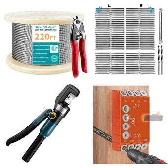 220ft T316 Stainless  Cable with Cutter, 60pc T316 SS Left&Right Handed Thread Swage Lag Screws for 1/8" Deck Railing, Hydraulic Crimper & 30 45 90 Degree Angle 4 Sizes Drill Guide