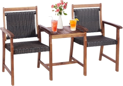 Acacia Wood Garden Bench, Patiojoy Rattan Companion Loveseat Chair with Coffee Table and Parasol Hole, 2-Seater Outdoor Conversation Furniture Set for Backyard, Poolside, Balcony (Brown)