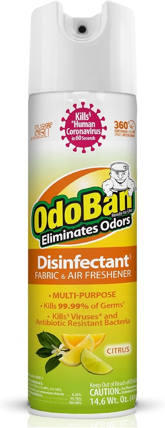 Ready-to-Use 360-Degree Continuous Spray Disinfectant Multipurpose Cleaner and Harsh Aroma Eliminator, Fabric and Air Freshener, 14.6 Ounces, Citrus Scent