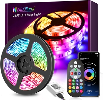 NEXillumi 25ft LED Strip Lights, APP Control Music Sync Color Changing LED Light Strip, SMD 5050 RGB LED Tape Lights with IR Remote (APP+Remote+Mic+3-Button Switch).