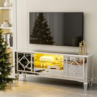 Mirrored LED TV Stand for 65+ inch TV, Silver Entertainment Center with LED Lights & Glass Shelves, TV Console Table with Drawer & 2 Storage Cabinets for Living Room