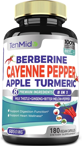 Cayenne Pepper Supplements Extract Capsules 6050mg, 180 Capsules & Berberine, Apple, Turmeric Curcumin, Bitter Melon, Ginseng, Milk Thistle| Supports Heart Health, Promotes Digestive Function