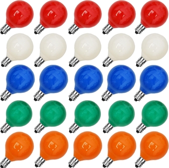 25 Pack G40 Multicolor Ceramic Replacement Light Bulbs, Christmas Globe Replacement Bulbs for Outdoor String Lights, C7/E12 Candelabra Base, 5W Incandescent Night Light Bulbs- Multicolor