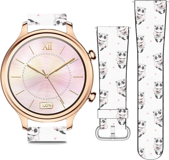 (Panda, Love Heart and Fish) Patterned Replacement Leather Wristband Strap Compatible with TicWatch C2 Rose Gold (18mm)