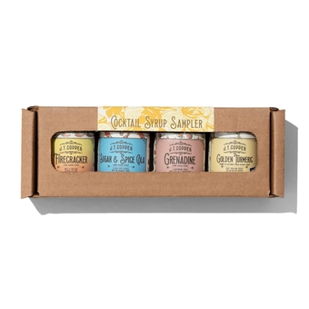 JT Copper, Cocktail Syrup Box, 4 pack - one each 2 oz. Grenadine, Sugar & Spice, Firecracker, and Golden Turmeric.
