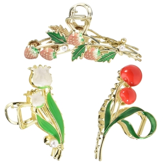 3-Piece Floral Metal Hair Clips, Strawberry Cherry Tulipr Hair Claw for Thin/Medium Thick Hair Claws, Elegant Barrettes Strong Hold Hair Clamps Non Slip Cute Hair Catch Clip Accessories