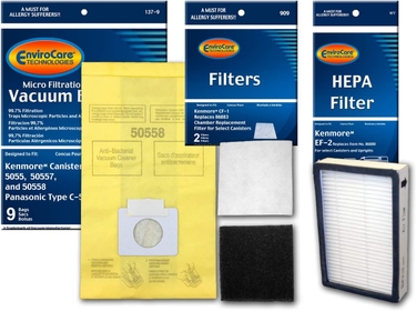Replacement Vacuum Bags designed to fit Kenmore Canister Type C or Q 50555, 50558, 50557 and Panasonic Type C-59 Bags and 1 EF-2 HEPA Filter, and 2 CF-1 Filters