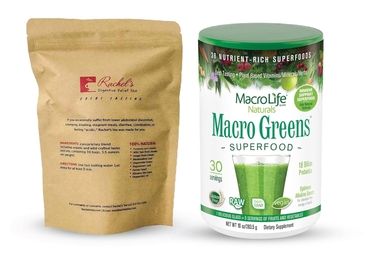 (30 Bags/60 Cups) Rachel’s Tea: Turmeric, Wild Yam, Ginger, Marshmallow, Chamomile, Peppermint, Fennel Slippery Elm + Macro Greens30 Serving container – Contains: 5+ servings of fruits & vegetables, 18 billion probiotics