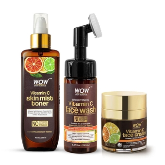 WOW   Vitamin C Anti-Aging & Brightening Daily Routine Mix - Vitamin C Face Wash, Vitamin C Mist Toner & Vitamin C Moisturizer Face Cream for Dark Spots & Acne Control