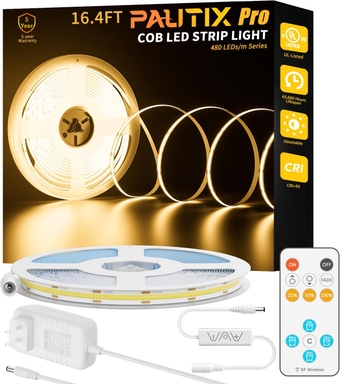 COB LED Strip Light 16.4ft/5m 2400LEDs Warm White 2700K,CRI93+ Super Bright High Lumen,Dimmable 24V Flexible LED Tape Light with RF Remote,24V 48W Power Supply,for Home&Office DIY Lighting