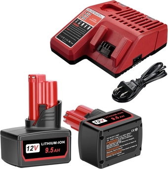 2 Pack 9.5Ah M-12 Batteries Pack High Output for Milwaukee M12 Battery, and Multi Voltage Battery Charger for Milwaukee 48-59-1812 M12 & M18 Battery