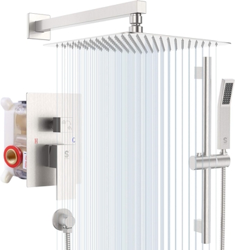 12 Inch Square Shower System, Rain Shower Head and Slide Bar Handheld Shower Faucet Wall Mounted Combo Set Included Valve and Trim Kit for Bathroom, Brushed Nickel