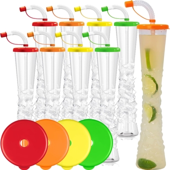 Ice Yard Cups Party 8-PACK - for Margaritas, Cold Drinks, Frozen Drinks, Kids Parties - 17 oz. (500 ml) - set of 8 Yard Cups. BPA Free and Crack Resistant (Assorted color lids)