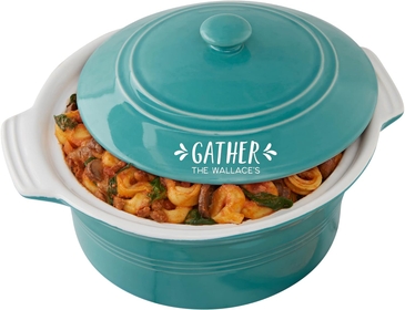 Personalization Universe Gather & Gobble Personalized Ceramic Serving Bowl with Lid - Stoneware Baking Dish, Oven Safe, Dishwasher Safe, Microwave Safe, Ideal for Casserole and Pie Baking - Turquoise