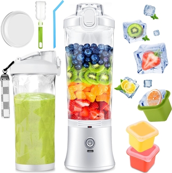 Portable Blender Personal Juicer - Kitchen 21oz USB Rechargeable 4000mAh Large Battery with 6 Blades for Smoothies Shakes Baby Food and Proteins - Home Office Gym Sports and Travel (White)