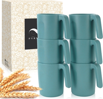 Wheat Straw Cups-Mug Set of 6,Reusable Plastic Coffee Mug,Tea Cup with Handles,16 oz Mug Set for Coffee,Camping,Unbreakable Drinking Glasses,BPA-Free,Dishwasher & Microwave Safe-Green