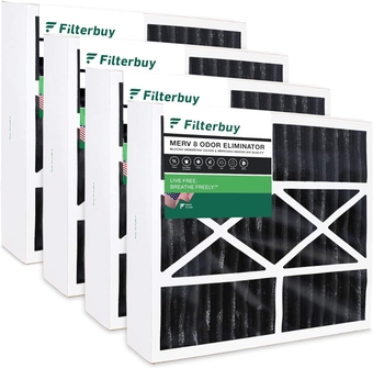 16x25x5 Air Filter MERV 8 Odor Eliminator (4-Pack), Pleated HVAC AC Furnace Air Filters w/Activated Carbon for Honeywell, Lennox, Carrier, & More (Actual Size: 15.75 x 24.75 x 4.38 Inches)