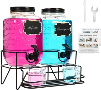 2 Sets 1 Gallon Laundry Detergent Dispenser with Stand, Measuring Cup, Glass Laundry Detergent Containr for Laundry Room Organization