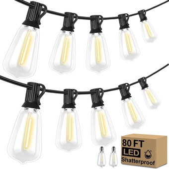 Outdoor String Lights 80ft ST38 Outdoor Lights with Waterproof Shatterproof 42 LED Bulbs(2 Spare)Connectable Patio Lights for Indoor Outdoor Courtyard Cafe Porch Party Led Outdoor String Lights