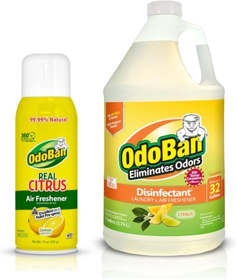 Aroma Eliminator Set, 10 Ounce 360-Degree Continuous Spray Natural Oil Real Citrus Air Freshener and 1 Gallon Multipurpose Disinfectant Cleaning Concentrate, Lemon Scent