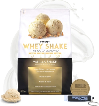 Bundle: Whey Shake Vanilla Shake, Native Grass-Fed Wholesome Denatured Whey Protein Concentrate with Glutamine Peptides 5 Pounds with Worldwide Nutrition Keychain