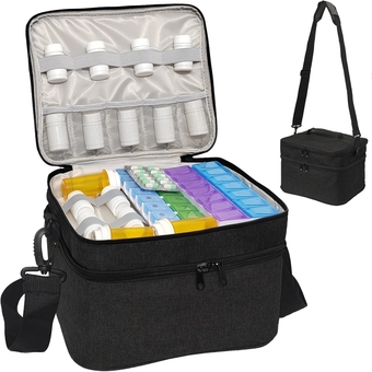 Travel Medicine Organizer and Storage Bag - Double Layers Pill Bottle Organizer Bag for Emergency Medication,Supplements or Medical Kits, Zippered Lockable Empty Medicine Bag for Home (Black, L)