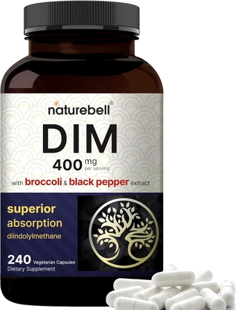 DIM 400mg as Diindolylmethane, 240 Veggie Capsules | with Broccoli & Black Pepper for Max Absorption – Hormonal* and Estrogen* Supplements, Menopause Support – No GMOs, No Soy, Vegan
