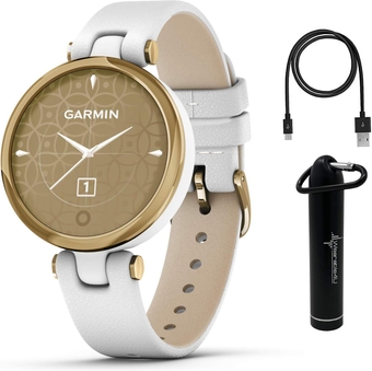 Garmin Lily Women’s Fitness Classic Smartwatch Power Bundle (Light Gold Bezel with White Italian Leather Band), Gift for Mom