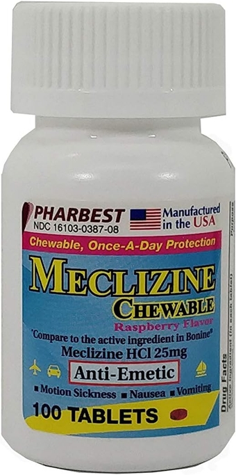 Meclizine 25 mg Generic For Bonine Chewable Tablets for Prevention of Motion Sickness and Anti-Nausea 100 Tablets per Bottle Pack of 2 Total 200 Tablets