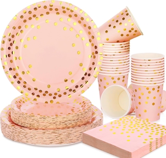 200PCS Pink and Gold Party Supplies,Pink Plates Diaposable with Gold Polka Dots Serve 50 Guests,Pink and Gold Paper Plates for Bachelorette Wedding Bridal Shower Birthday Decorations