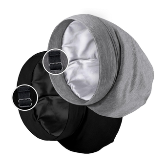 Satin Lined Sleep Cap Bonnet for Curly Hair and Braids, Stay On All Night Hair Wrap with Adjustable Strap for Women and Men, Black and Grey, Pack of 2