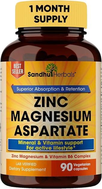 Sandhu Herbals Zinc Magnesium Aspartate Supplement 90 Capsules| Made in The USA| Recovery & Sleep Supplement, Promotes Muscle Recovery, Immune Support & Restorative Sleep with Vitamin B6