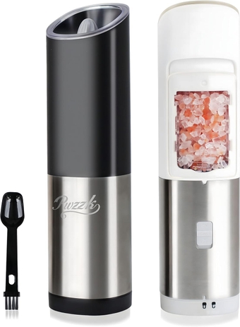 Battery Operated Gravity Electric Salt And Pepper Grinder Mill Set With White Light Stainless Steel One Hand Automatic Operation Refillable With Adjustable Coarseness (Black&white,2 Pack)