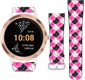 (Cat Faces and Love Hearts Pattern) Patterned Replacement Leather Wristband Strap Compatible with Garmin Vivoactive 3 / Vivoactive 3 Music/Vivomove