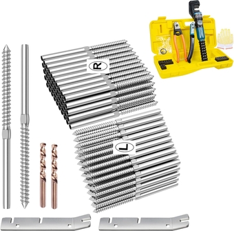 100 Pack T316 Stainless Steel Right&Left Handed Thread Swage Lag Screws and Cable Railing Crimping Tool