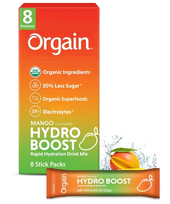 Organic Hydration Packets, Electrolytes Powder - Mango Hydro Boost with Superfoods, Gluten-Free, Soy Free, Vegan, Non GMO, Less Sugar than Sports Drinks, Travel Packets, 8 Count