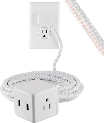 3-Outlet Extension Cord Cube with 2 USB Ports (2.4 AMPS), 10 Ft Braided Cord, Power Strip, Outlet Extender, Space-Saving Flat Plug, Perfect for Home or Office Decor, White, 55356